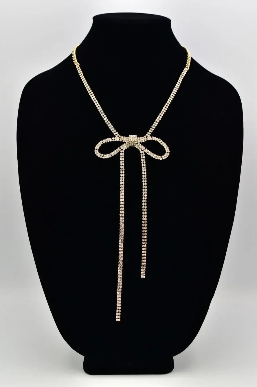Vintage Statement Bow Tie Collar Necklace Chain Rhinestone Gold Tone Y2K BinBJ